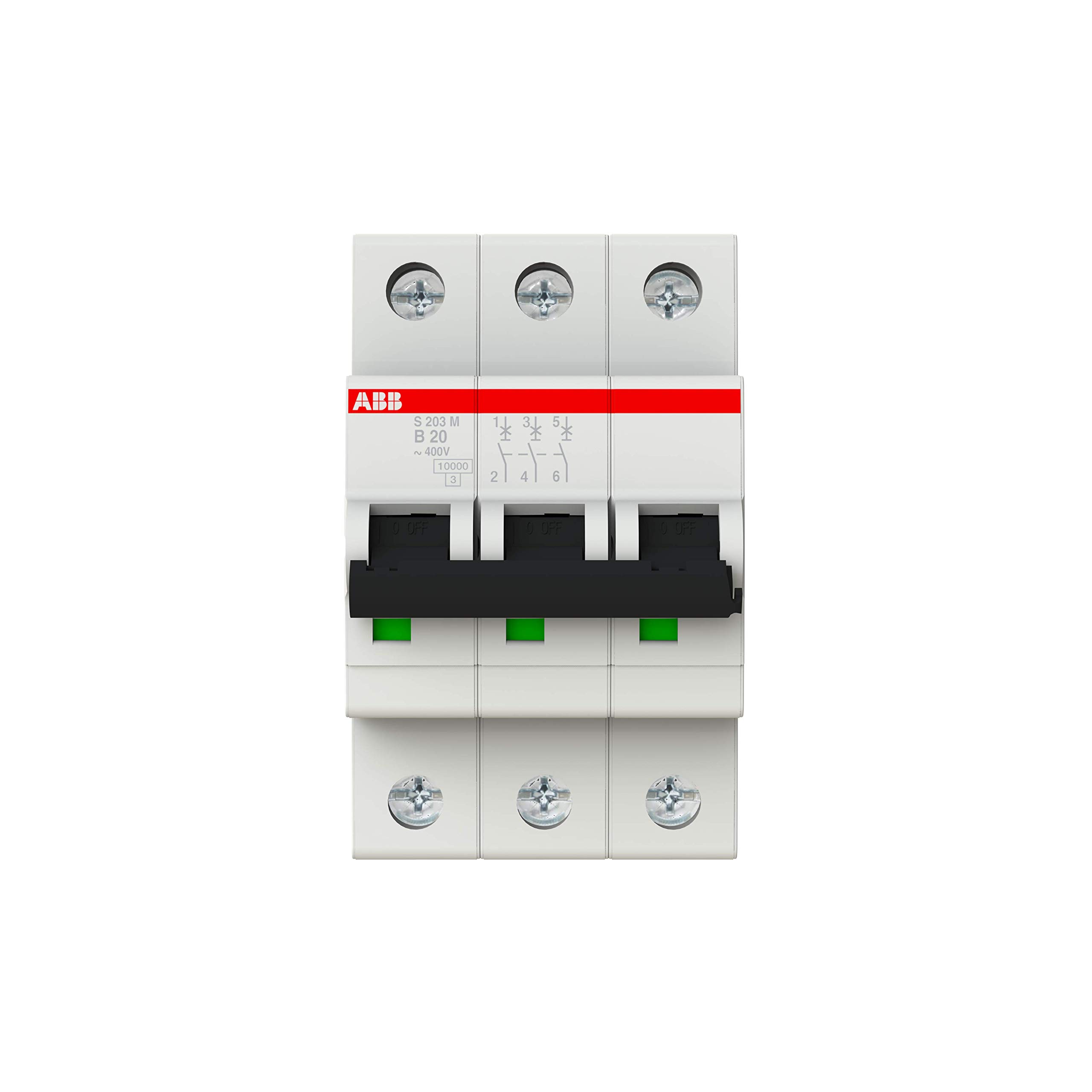 ABB S203M-B20 Miniature Circuit Breaker, 3 Pole, Type B, 10kA/15kA Breaking Capacity, 20 Amp Current (2CDS273001R0205) — image 1