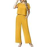 Lepunuo 2 Piece Sets for Women Summer Cap Sleeve Crop Top Wide Leg Pants Matching Lounge Set Vacation Beach Travel Outfits