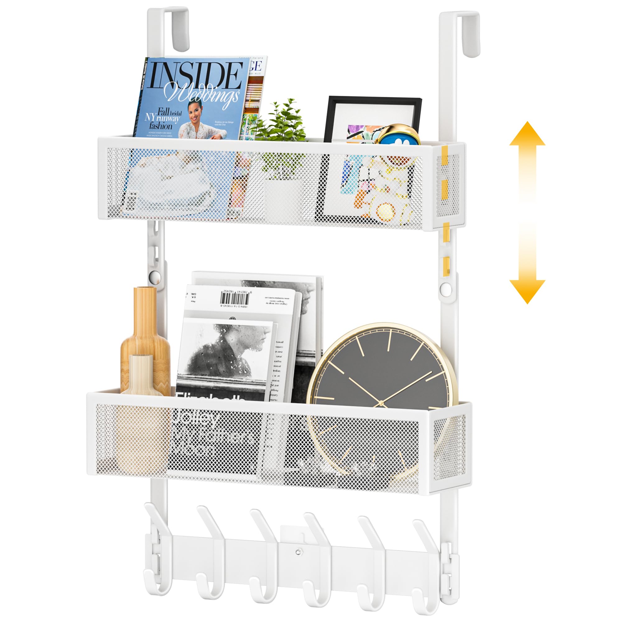 Photo 1 of LUCYCAZ Adjustable Over The Door Hooks Organizer, Hanger Storage with 10 Coat Hooks & 2 Mesh Basket, Over The Door Towel Rack Organizer for Bathroom, Bedroom, Kitchen (White)