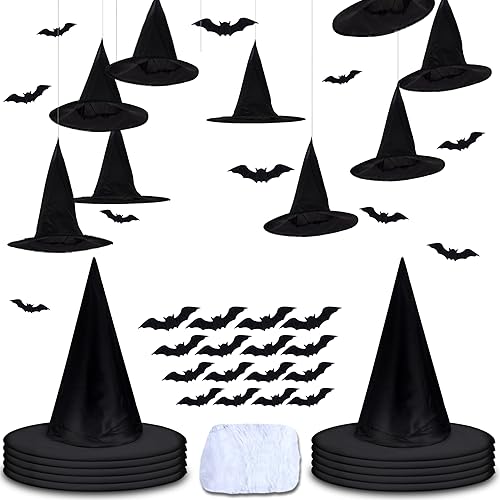algpty 10 Pieces Halloween Witches Hats Black | Hanging Witch Hats Decorations with Spider Web and 16 Pieces Bats Decorations Costume Witch Accessories Halloween Decorations Decor Indoor Outdoor Yard
