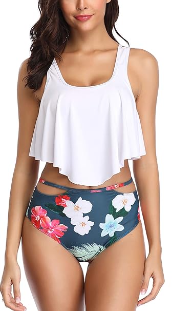 B2prity Zweiteiliger Badeanzug Hohe Taille Hose Damen Niedlich Ruffles Strap Raffungen Badeanzug Crop Top Flounce Bikini