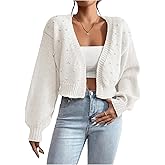 SHENHE Women's Pearl Beaded Open Front Cardigan Oversize V Neck Drop Shoulder Cropped Sweater