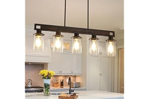HUONG SON Farmhouse Dining Room Light Fixture Over Table, 5-Light Wood Kitchen Island Lighting, Black Adjustable Pendant Light with Clear Glass Shades, Linear Chandeliers Lighting for Kitchen