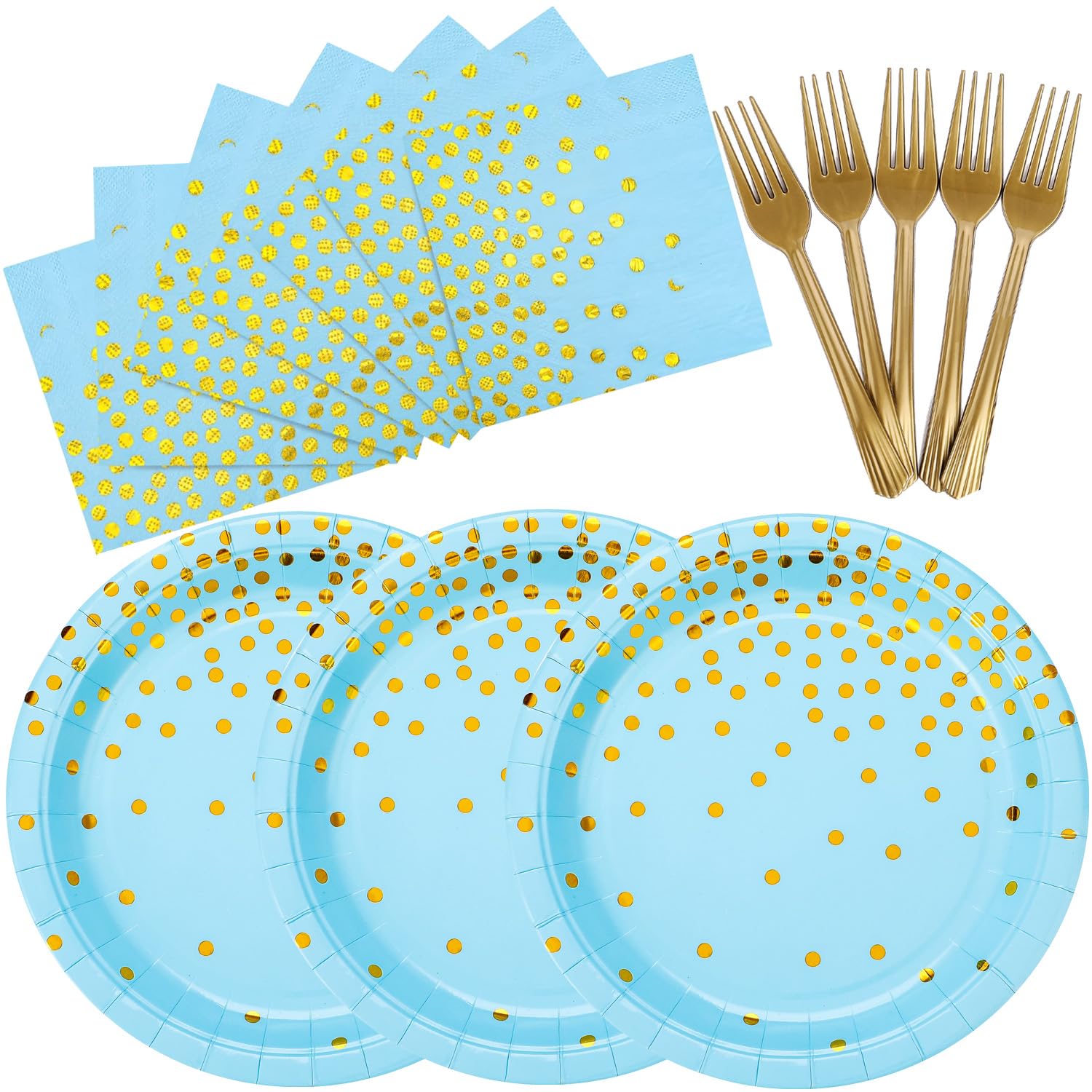 Photo 1 of 150 PCS Blue and Gold Paper Plates Napkins Forks Set Party Supplies Serves 50, Golden Dot Disposable Paper Dinnerware 9" Plates for Birthday, Baby Shower, Boy Birthday Party