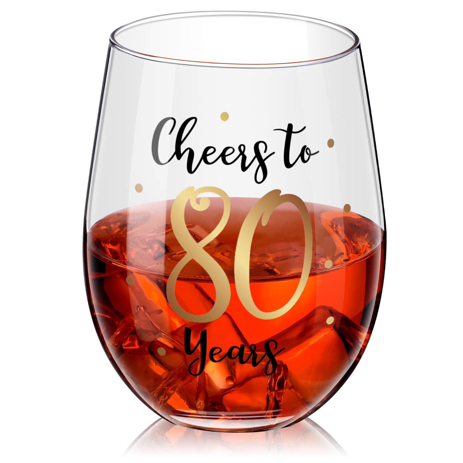Gold Stemless Wine Glass, Birthday Party & Wedding Anniversary Present - 17 oz (Cheers to 80 Years) — image 1