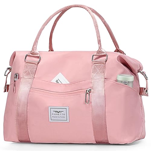 Fioretto Womens Sports Gym Tote Bag Duffle Bag with Wet Pocket, Travel Bag Weekend Overnight Bags with Removable Strap, Water-Resistant Carry On Bag Hospital Holdalls for Women Pink