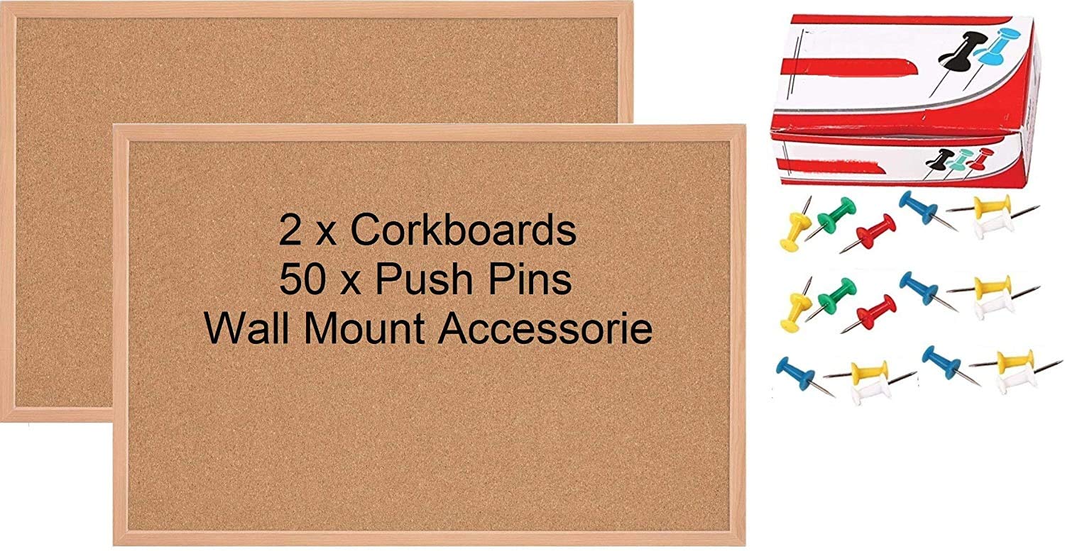 2 x Large Cork Notice Board Bulletin Vision Pin Boards for Bedroom Offices Memo Message Pictures Planner Home Display Organiser Wood Frame Corkboard - with 50 Push Pins and Wall Mount Screws