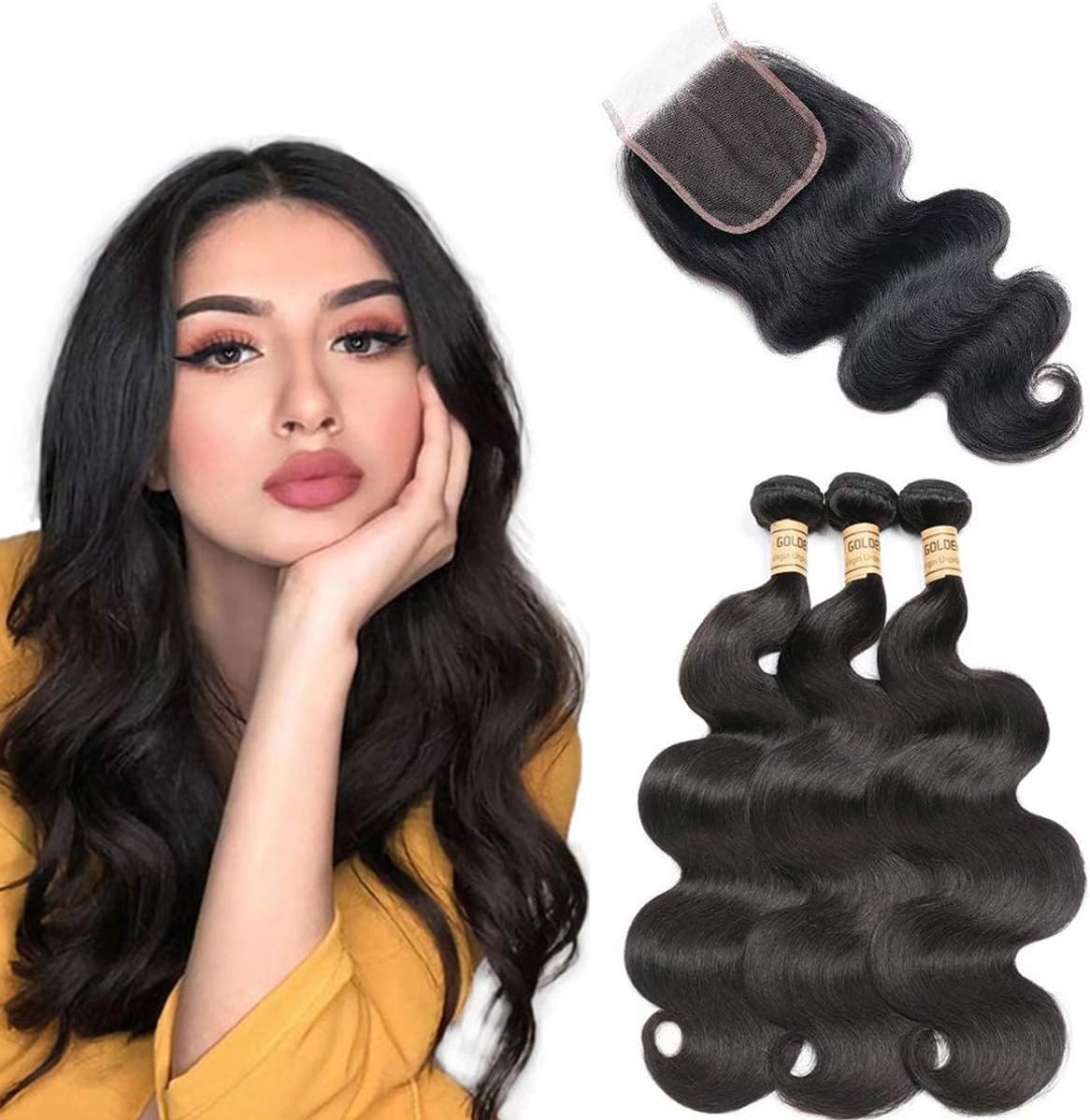 Brazilian Real Human Hair Bundles with Closure,100% Unprocessed Body Wave Hair Bundles with Closure,Virgin Hair Weave 3 Bundles with 4x4 Lace Closure (16 18 20+14 Free Part Nature Black)