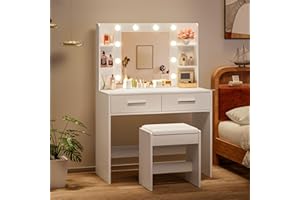 YESHOMY Vanity Desk with Mirror, Makeup Table with 2 Large Drawers, Power Outlet and Round Holder, 3 Color Modes Adjustable Bulb, Bench Included, Easy Assembly, Gloss White