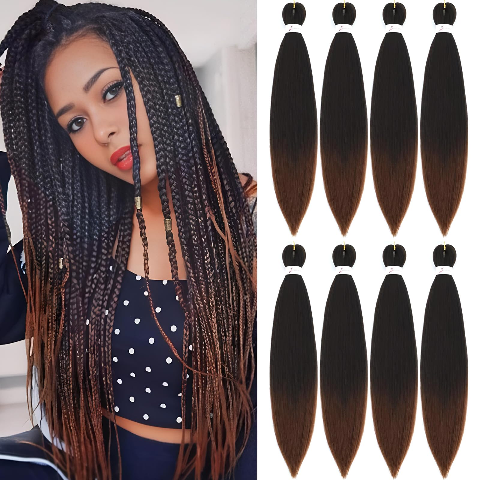 Easy Braid Pre stretched Braiding Hair Extensions - 20 Inch 8Packs Ombre Braiding Hair Soft Yaki Texture Crochet Synthetic Hair for Woman Hot Water Setting Crochet Braiding Hair Extensions (1B/30#) — image 1