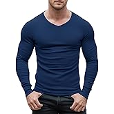 Agilelin Men's Muscle T-Shirts V Neck Thermal Long Sleeve Tee Casual Ribbed Undershirts