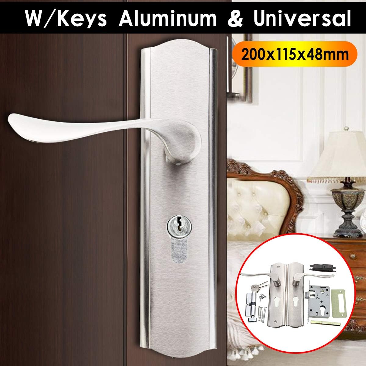 DELAMZ - Universal Aluminum Polished Door Handle Front Back Lever Lock Cylinder Dual Latch with Keys Durable Home Door Handles