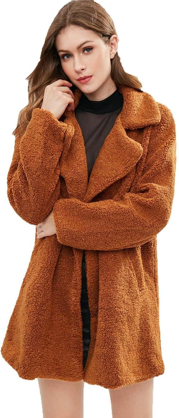 AATop Women's Fashion Faux Shearling Warm Coat Winter Long Sleeve Sherpa Cardigan Outerwear Brown M Size