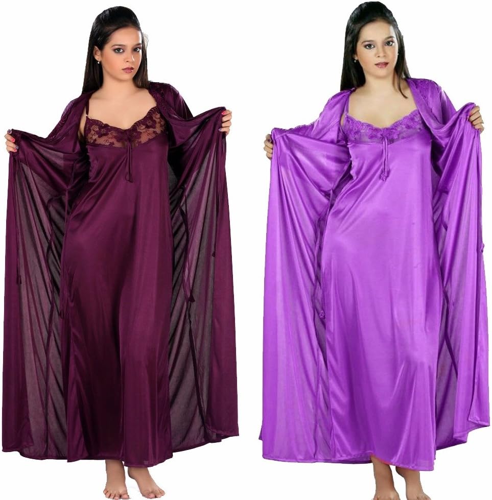 (Pack of 2 Women Indian Satin Purple and Light Purple Nighty with Robe