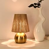 Ziqqeelam Brass Gold Spherical Mini Table Lamp with Wicker Shade, Cute Decor Nightstand Lamp for Small Spaces, Bedroom, Home 