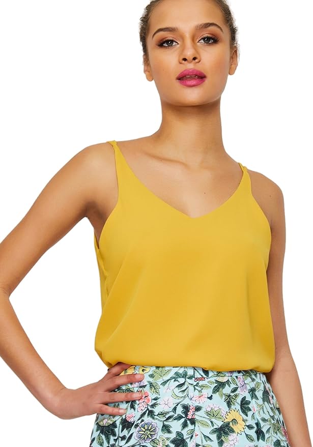 Verdusa Women's Sleeveless V Neck Strappy Cami Top Vests Camisole Mustard L Clothing