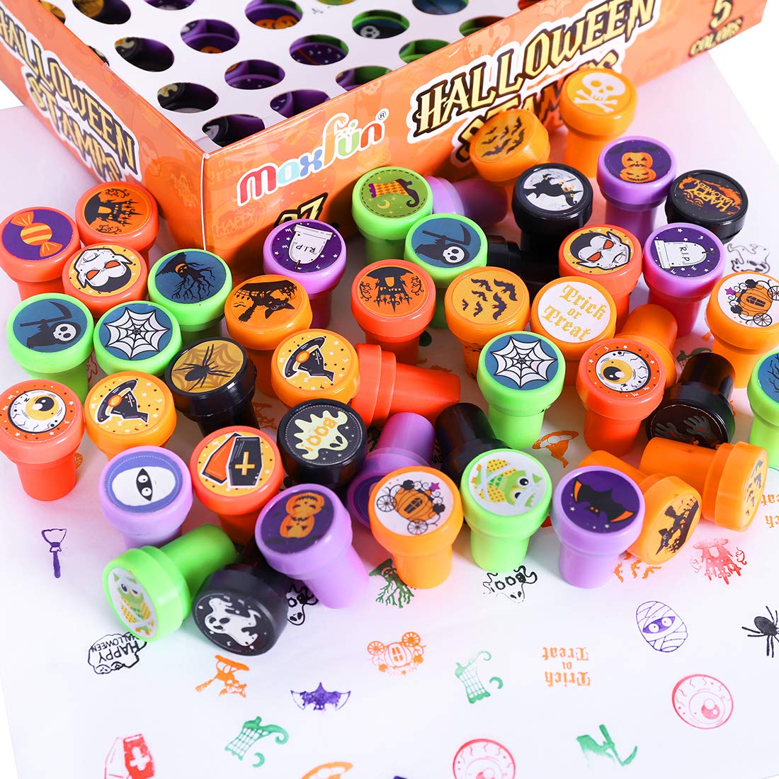 Max Fun 108Pcs Halloween Assorted Stamps ( 27 Designs, 5 Colors Trick or Treat Stamps ) for Kids Halloween Party Favors Supplies, Goodies Bags, Classroom Game Reward Prizes (Halloween Stamper)