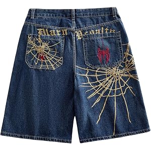 WDIRARA Men's Spiderweb Embroidery Denim Shorts Wide Leg Baggy Jean Bermuda Shorts Streetwear