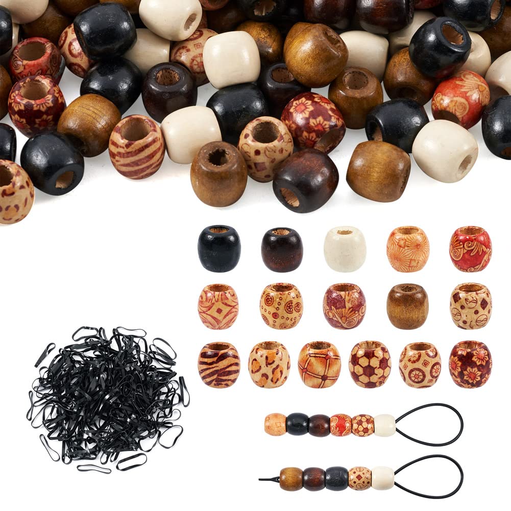 Craftdady 452Pieces Wooden Hair Beads Barrel Wooden 16x17mm Large Hole Eurpean Beads Quick Beader Elastic Hair Bands for Hair Braids Jewelry Making — image 1