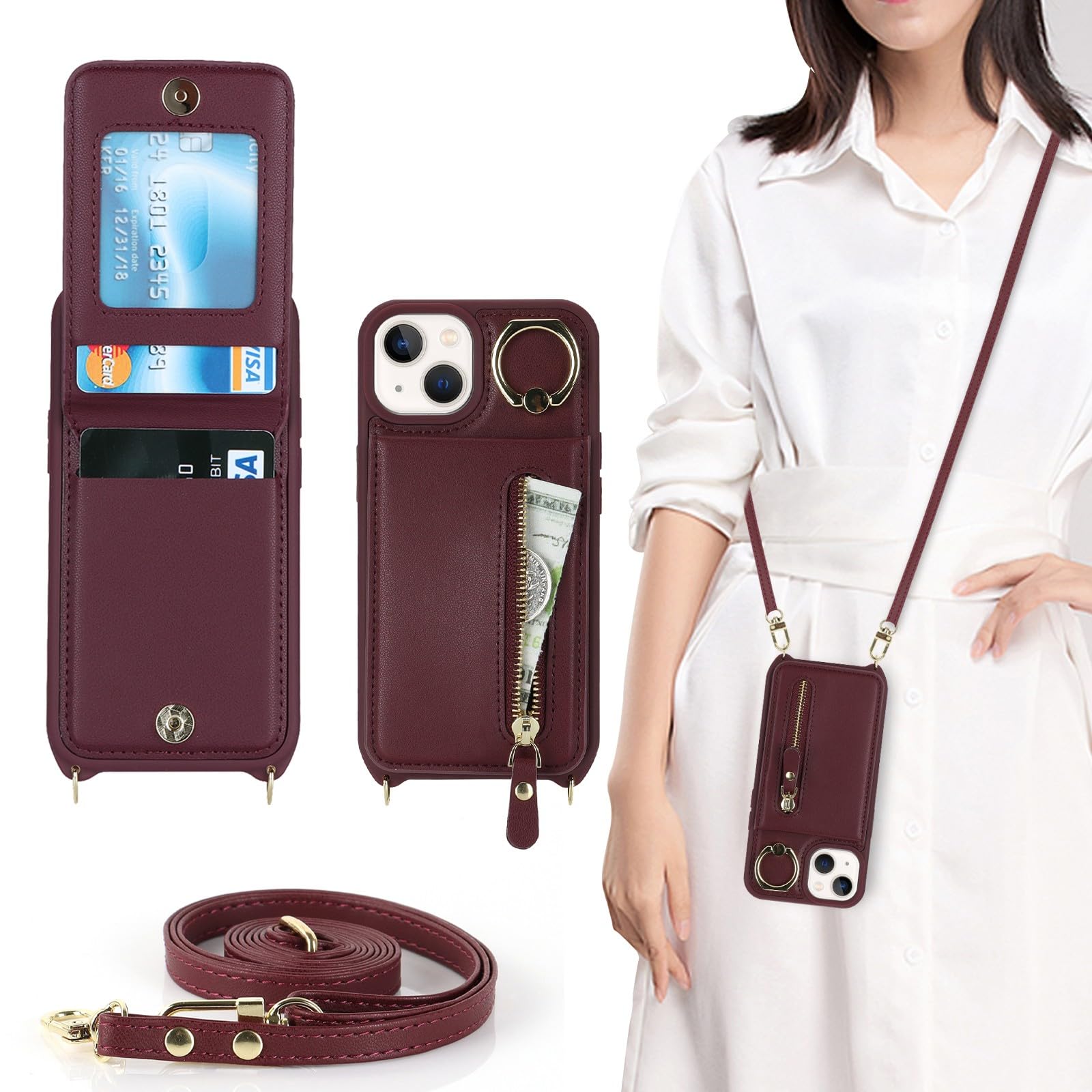 Zouzt for iPhone 13 Mini Case with Cord and Card Holde, Zipper Wallet Case with Crossbody Lanyard Ring Adjustable Necklace Protective Cover Women for iPhone 13 Mini 5.4 Inch - Burgundy