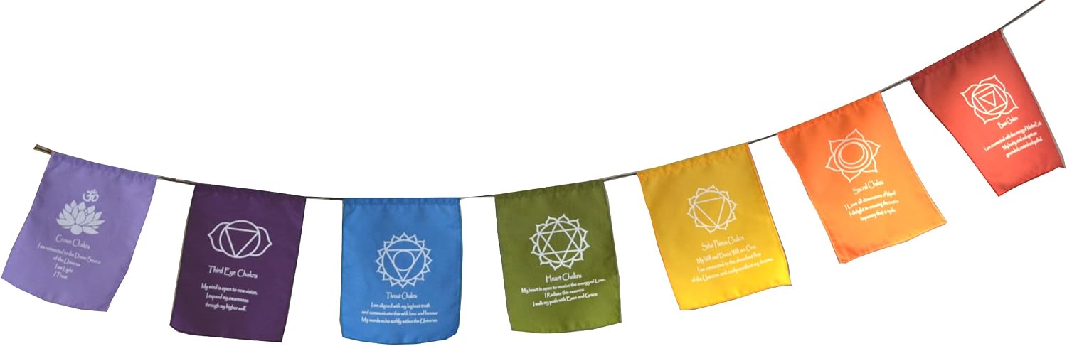 Chakra Gebetsfahnen – Regenbogenfarbene Wimpelkette Mit Symbolen & Mantras, Aus Indonesien
