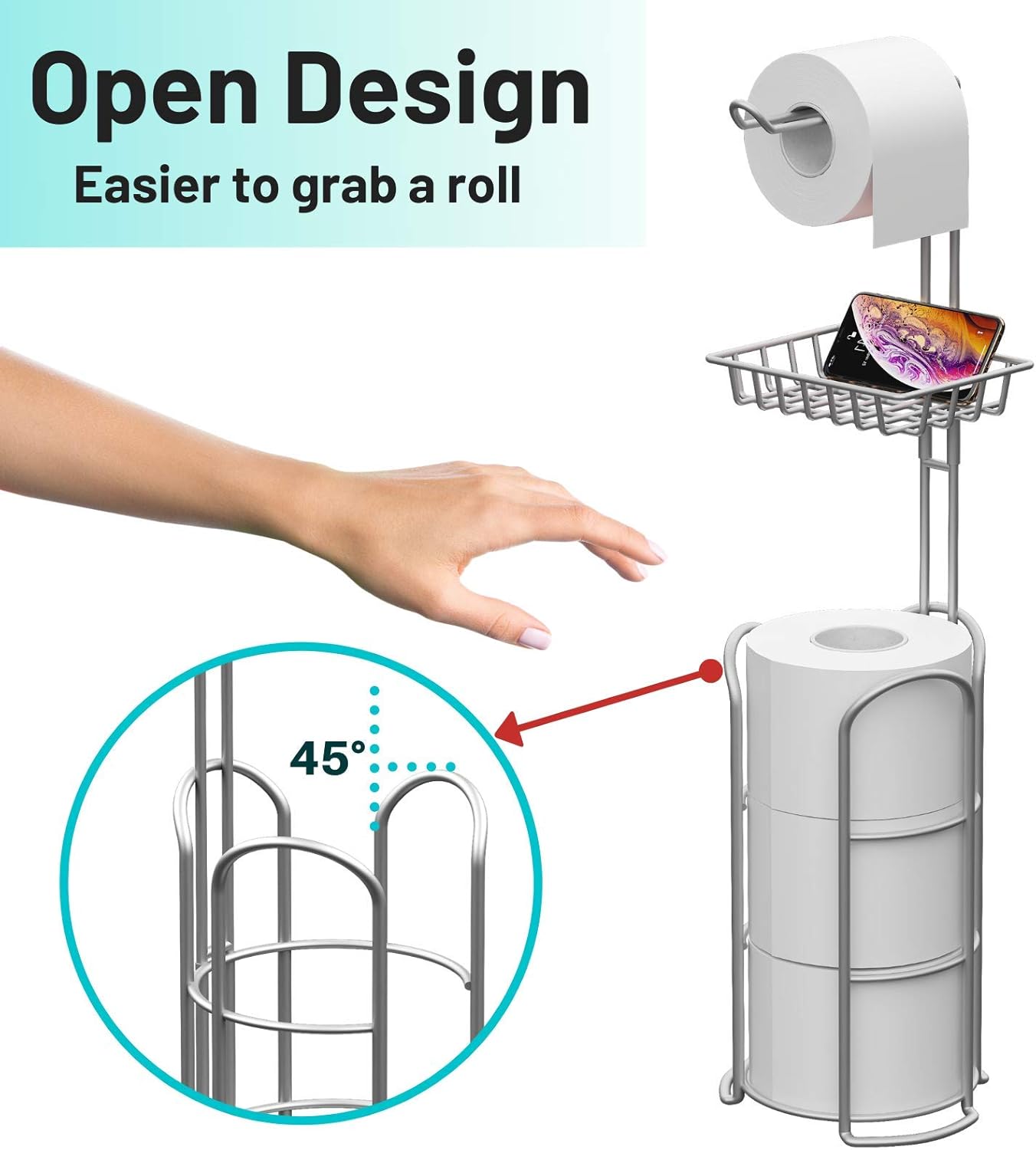 Upgrade Toilet Paper Holder Stand, Silver Gray Freestanding Toilet Paper Roll Holders with Shelf, Bathroom Tissue Storage Rack: Kitchen & Dining