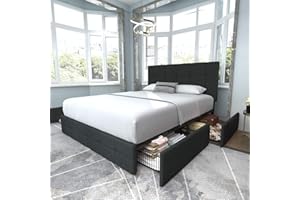 Allewie Upholstered Queen Size Platform Bed Frame with 4 Storage Drawers and Headboard, Square Stitched Button Tufted, Mattress Foundation with Wooden Slats Support, No Box Spring Needed, Dark Grey