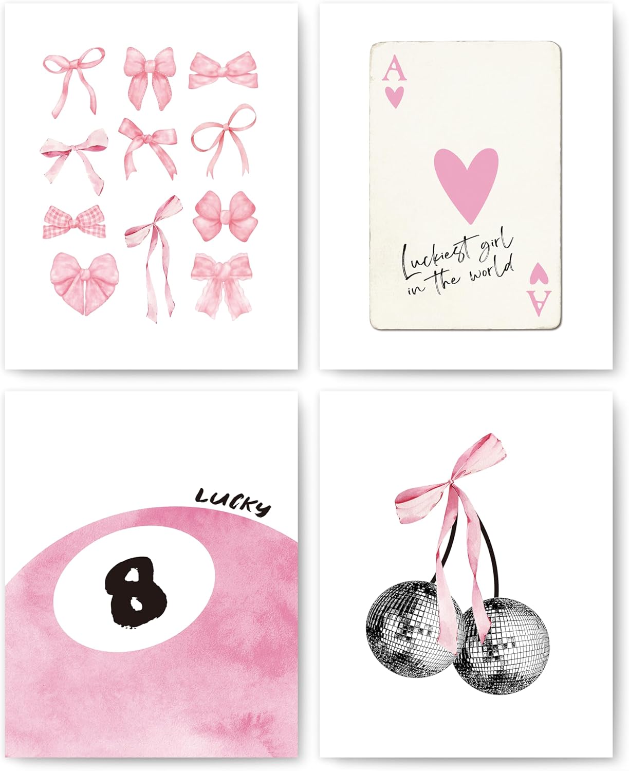 Wall Décor - okaxscm Pink Coquette Trendy Preppy Wall Art Prints Set of 4, Coquette Room Decor, Preppy Room Decor Aesthetic, Pink Bow Disco 8 Ball Cherry Wall Decor Posters for Girls Bedroom Dorm, 8x10 Unframed
