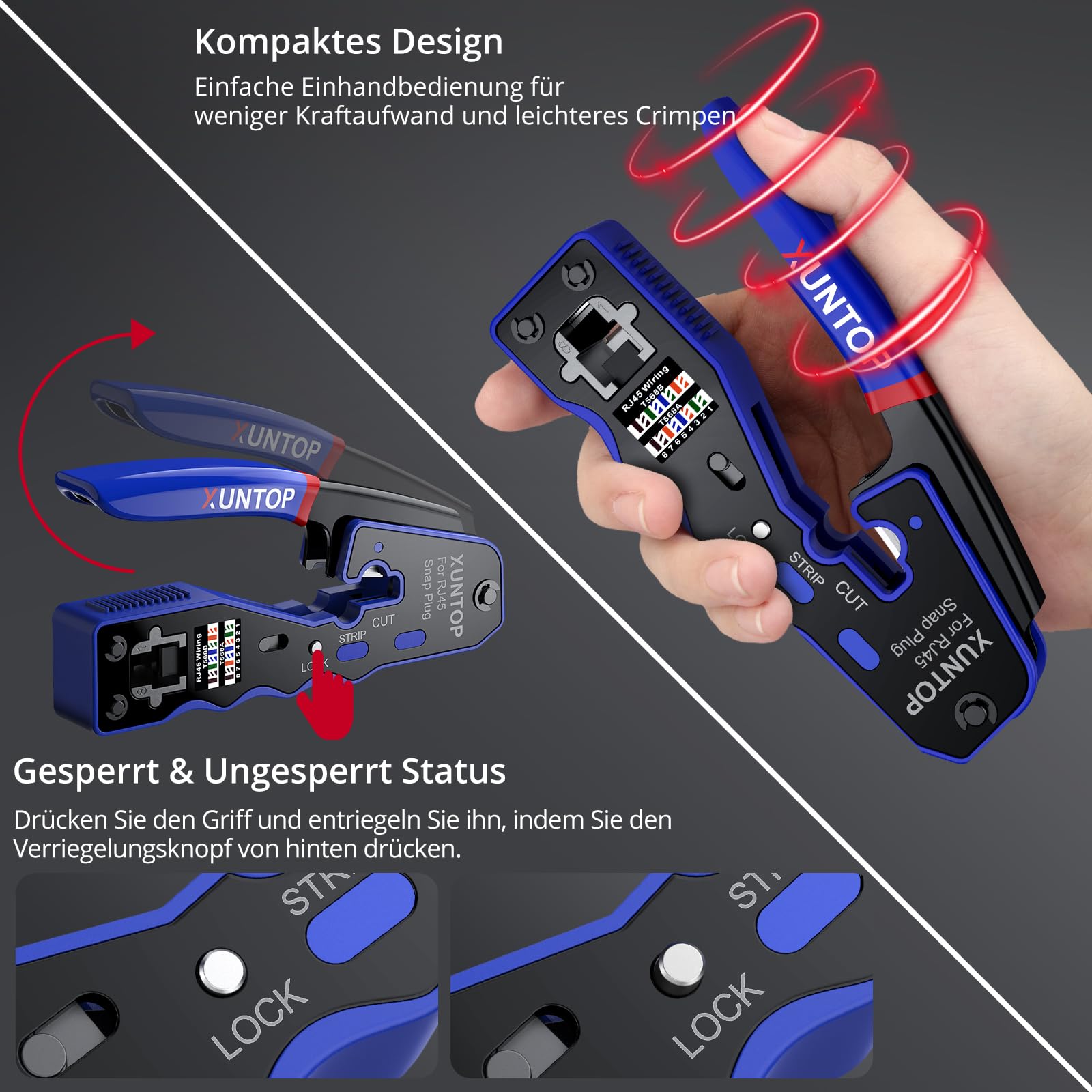 XUNTOP Netzwerkkabelzange Crimpzange RJ45 Netzwerkschlüssel Netzwerk Werkzeug für RJ45, CAT5, CAT6/CAT6A, Nicht-Allmetall CAT7 mit 20 x RJ45 Cat6 gelochte vergoldete Kristallköpfe 2