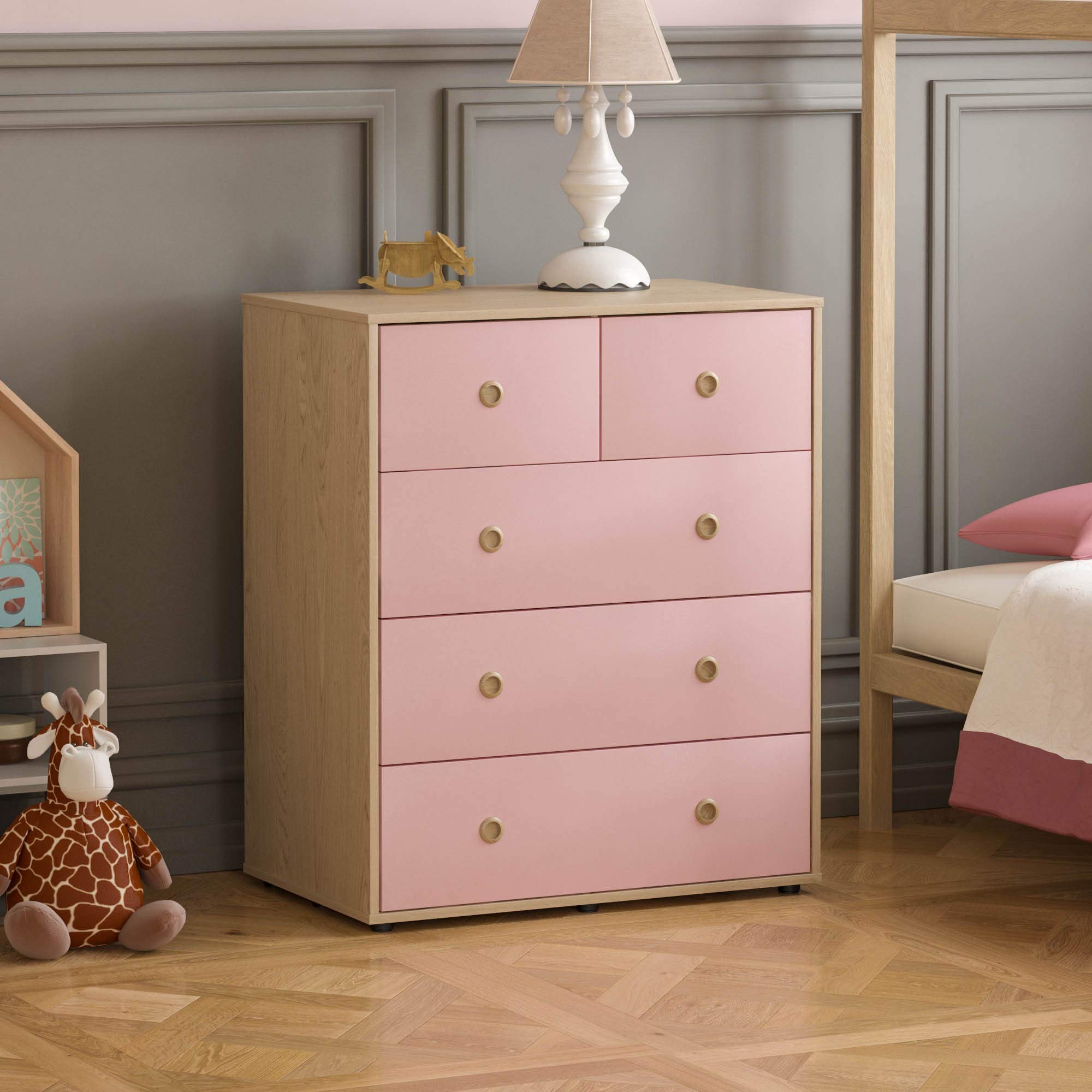 Junior Vida Neptune 5 Drawer Chest of Drawers Cabinet Storage Modern Bedroom Children's Kids Furniture (Pink & Oak)