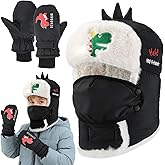 MEWTOGO Dinosaur Winter Trapper Hat for 3-12 Kids - Fleece Lined Ushanka with Mittens & Face Cover for Boys Full Coverage