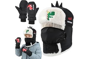 MEWTOGO Dinosaur Winter Trapper Hat for 3-12 Kids - Fleece Lined Ushanka with Mittens & Face Cover for Boys Full Coverage