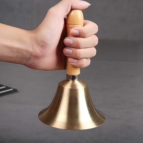 Loud Hand Bell - 4.3" Solid Brass Call Bell With Wooden Handle - Super Clear & Loud Sound For Dinner, Service, School, Events