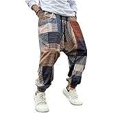 BEAUDRM Men's Color Block Patchwork Baggy Harem Pants Drawstring Elastic Waist Hippie Pants with Pockets Streetwear