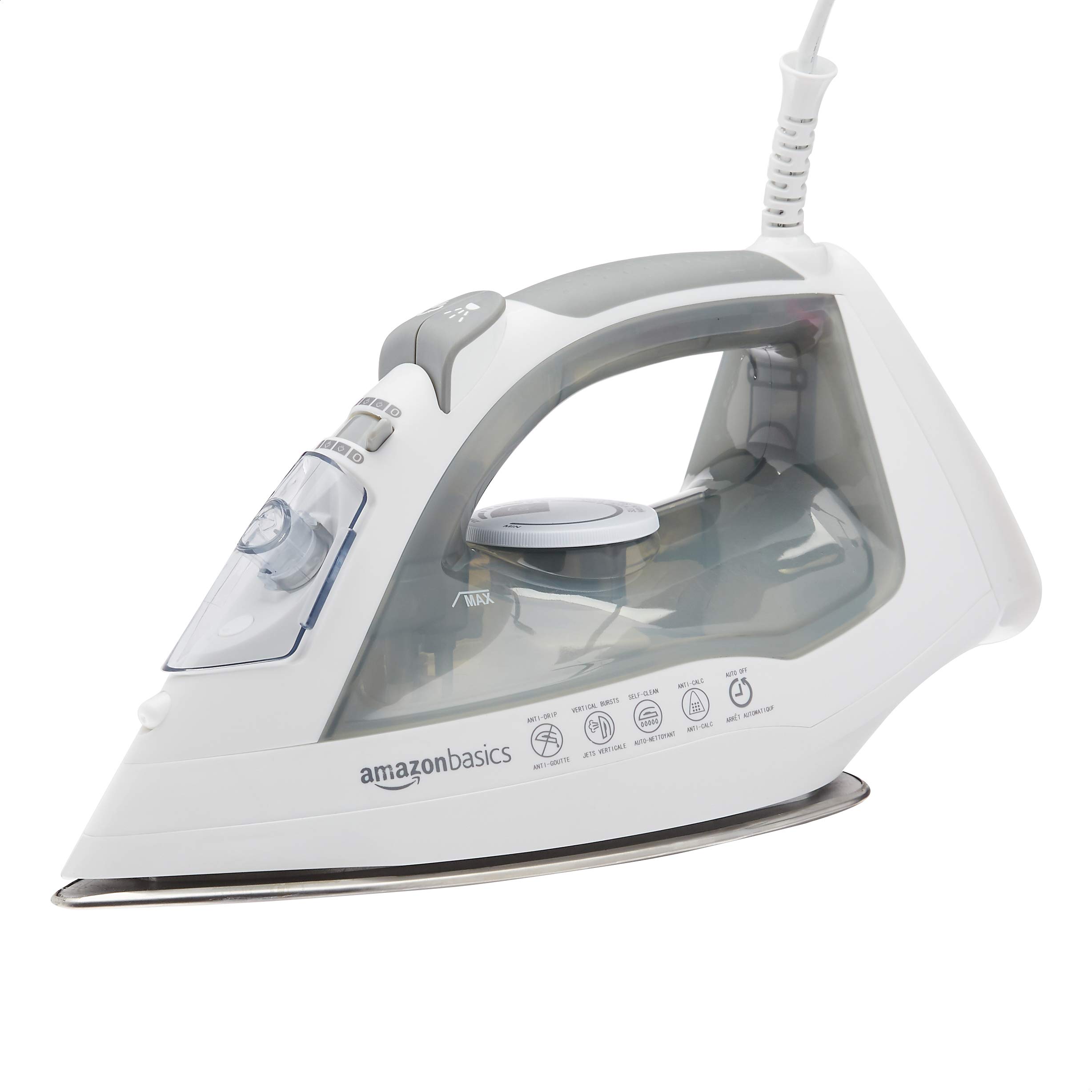 Photo 1 of Amazon Basics Steam Iron for Clothes with Safety Auto Shut-Off, Handheld Steamer, Steel Soleplate, 1700-Watt, 1.62ft, Gray