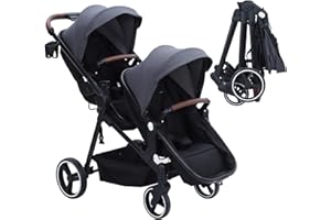 HARMOHABY Tandem Double Stroller Newborn and Toddler, Foldable Twin Stroller with Reversible Seat, 5-Point Safety Harness, Adjustable Backrest & Canopy, Storage Basket, Dark Grey