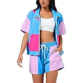 ZDT Women's Color Block 80s 90s Outfit 2 Piece Short Sleeve Costume Zip Up Windbreaker Track Suits Set