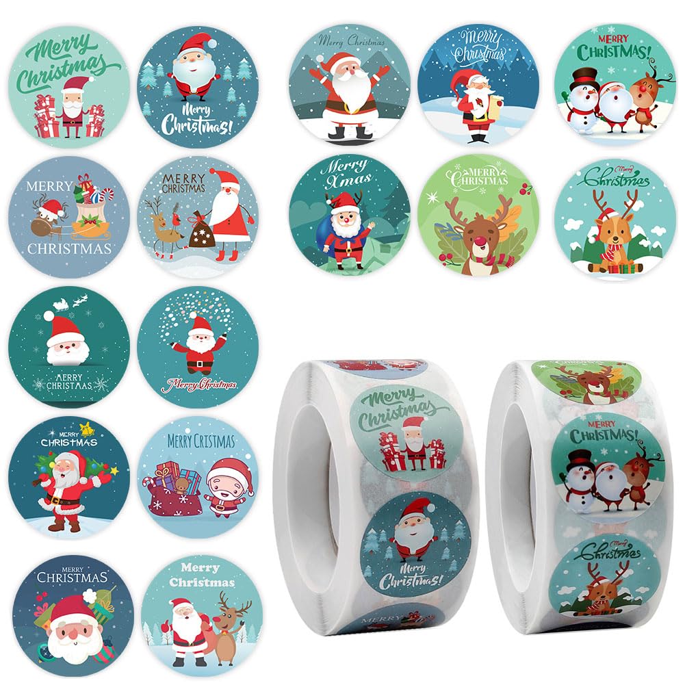 Christmas Stickers, 1000 PCS, 16 Designs Roll Stickers, for Envelopes Seals, Xmas Gift Packing Wrapping Labels Cards Boxes Christmas Party Supplies Decor (1 Inch)