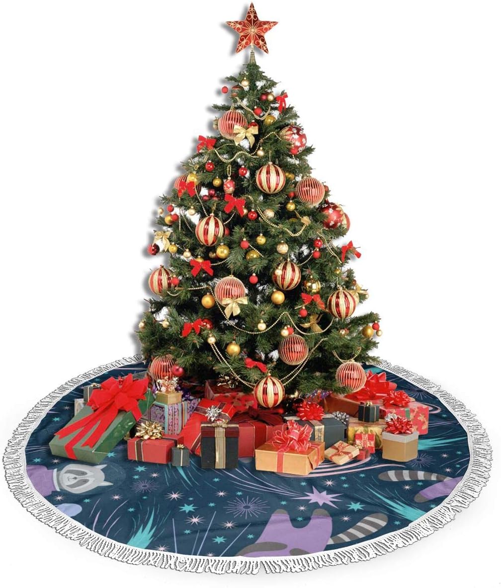 Amazon Com Shanglong 48 Christmas Tree Skirt With Fringed Edge Cartoon Raccoon Spaceman Star Blanket Xmas Tree Skirt For Christmas Decoration Home Kitchen
