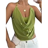 OYOANGLE Women's Floral Glitter Draped Halter Crop Top Sheer Mesh Sleeveless Backless Rave Top
