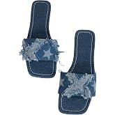 GORGLITTER Women's Y2k Jean Sandals Square Toe Cute Slip On Denim Sandals | Open Toe, Star, Ripped Jean Sandals, Slip on Slides, Cute Y2k Denim Sandals for Going Out, Date Night