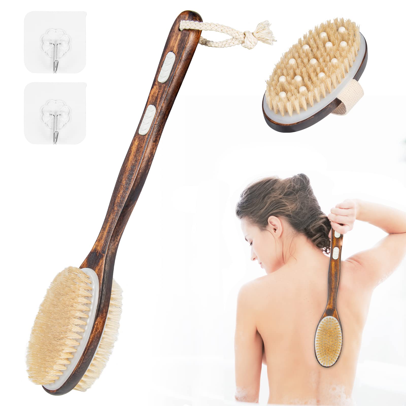 KJIXYUNG Bath Brush Back, Dry Brushing Body Brush Set, Natural Bristles Shower Brush with Double Sided, 40CM, Wooden Long Handle Shower Back Scrubber for Exfoliating Remove Dead Skin, Cellulite
