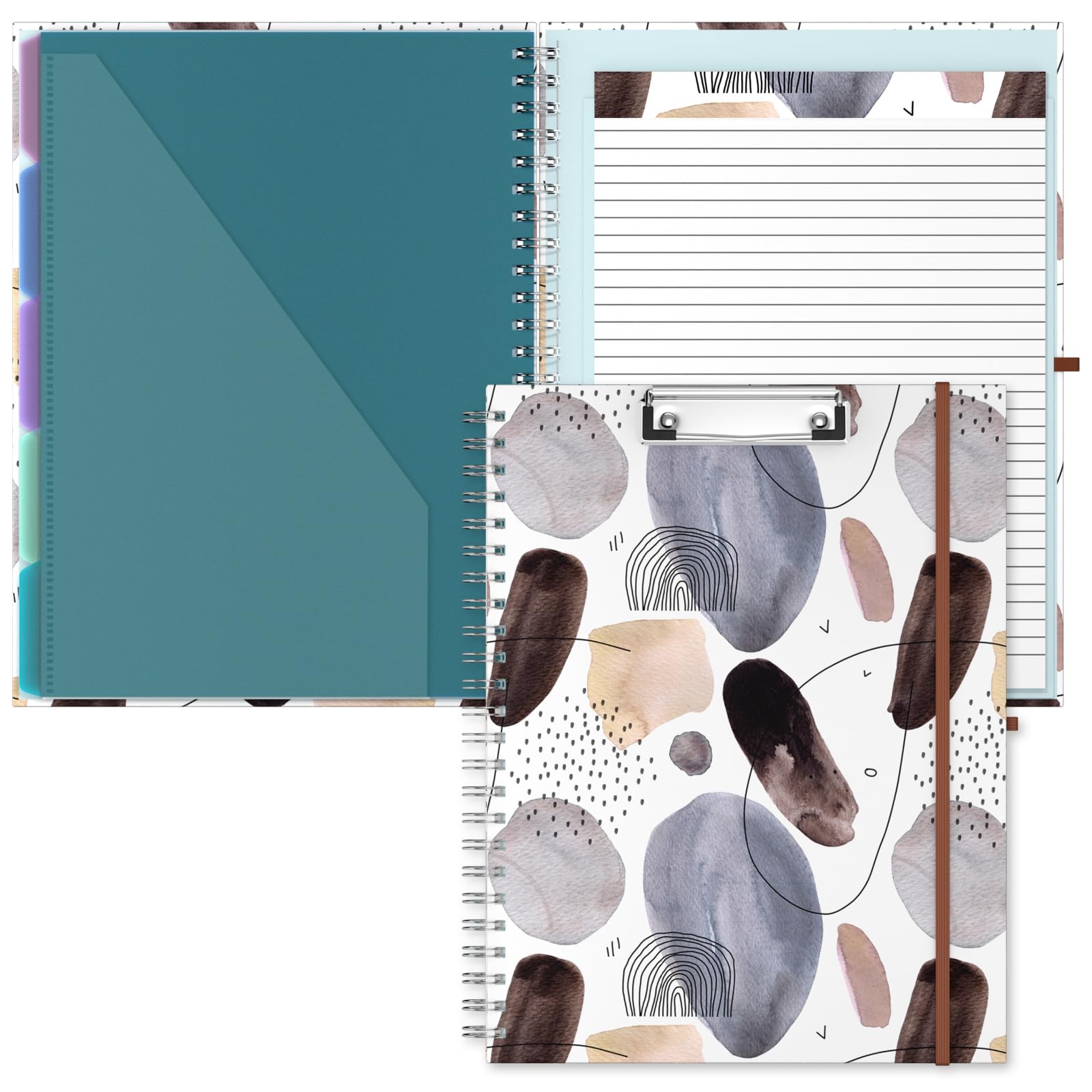 Hnogri Clipboard Folio with Refillable Lined Notepad, Clipboards with 5 A4 Folders Storage 10 Pockets, Spiral Clip Board Portfolio, Size 12.8" x 9.7", Office Supplies, School Supplies, Abstract Art