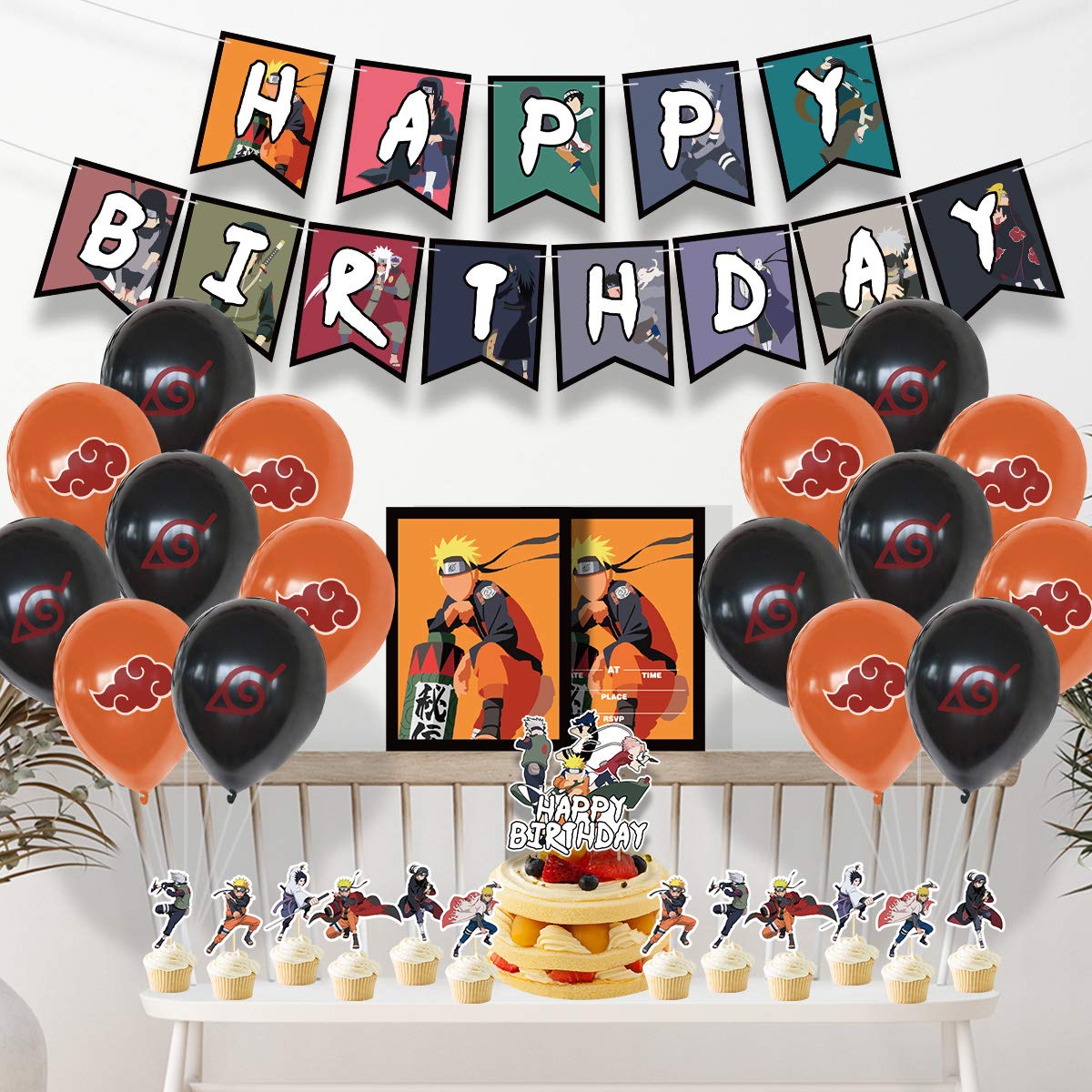 Anime Birthday Party Decorations, Naruto Party Supplies Include Banner Cupcake Toppers Akatsuki Balloons Invitation Cards