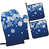 Oven Mitts and Pot Holders Sets of 4 Snowflake Blue Winter Christmas Kitchen Potholder Gloves Heat Resistant Non-Slip for Chef Baking Cooking Grilling BBQ Mittens