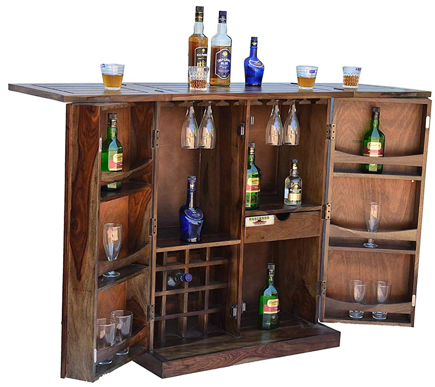 Rootwood Sheesham Wood Counter Bar Cabinet Rack with Wine Glass Storage (Warm Chestnut)
