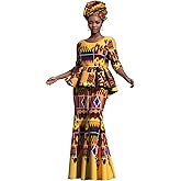 ABCWAX Women's Sexy Slim Long Dresses with Hijab African Printed Traditional Evening Gowns African Women's Costumes