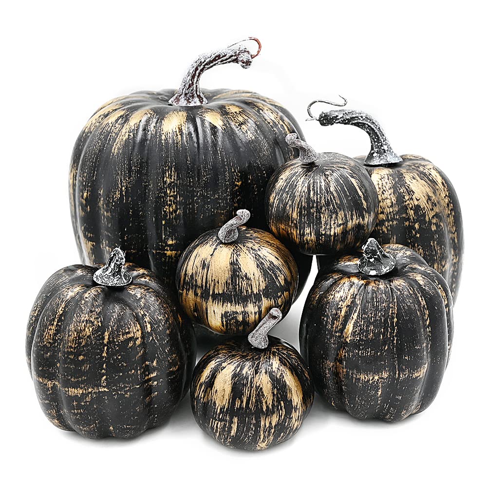 OTMVicor 7 Pcs Artificial Pumpkins Black and Gold Foam Pumpkins for Fall Autumn Season Halloween Thanksgiving Holiday Festival Tabletop Decorations(Black and Gold) — image 1