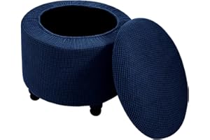 Andreannie Stretch Navy Blue Jacquard Fabric Ottoman Slipcover Floding Storage Foot Stool Covers Soft Round Slipcover Removable Washable Furniture Protector for Home Decor (Navy Blue)