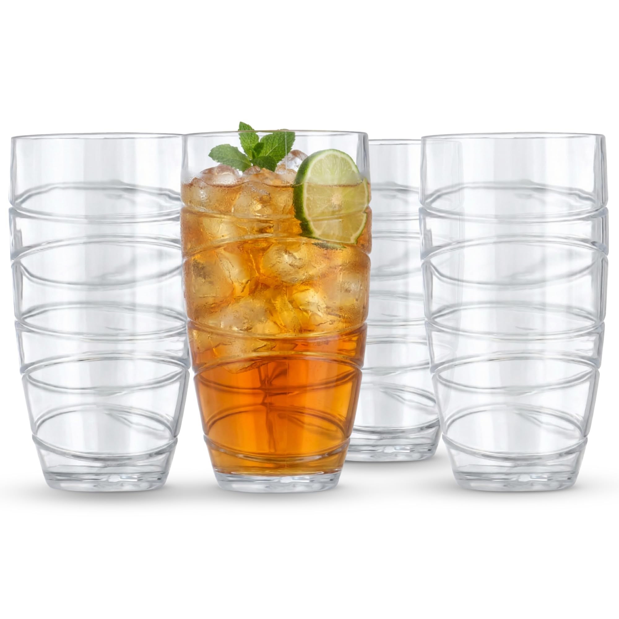 LIVIVO Set of 4 Plastic Tumblers - 600ml Swirl Design Plastic Cups Reusable, Stackable Design, Unbreakable Plastic Glasses - Clear Drinking Tumblers Adults and Kids for Picnic, Camping, Party - Clear